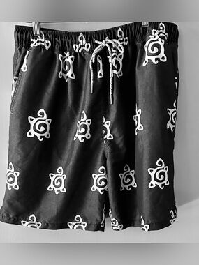 Men's turtleson Washed Black Swim Shorts with White Graphic Print